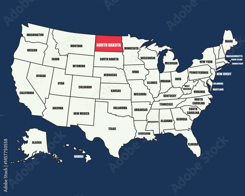 Colorful USA map with state names, highlighting North Dakota, perfect for education, travel, and geography use.