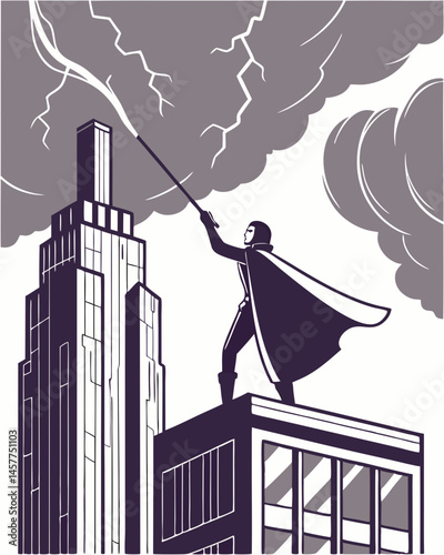 Mysterious Figure Commands Stormy Skyscraper A Dramatic Art Deco Illustration