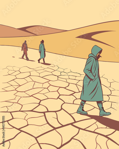 Three Figures Journey Across a Cracked Desert Landscape