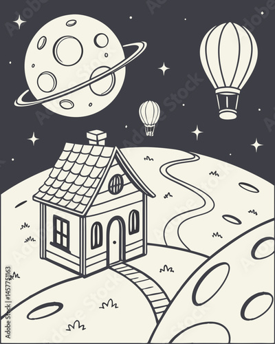 Whimsical Papercraft House on a Moonlit Planet A Space-Age Village Illustration