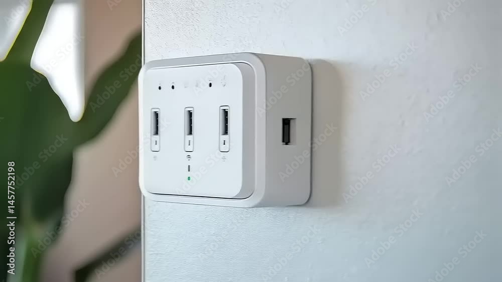 White smart outlet on wall with usb ports for home automation technology solutions