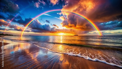Majestic Rainbow Arcing Over Serene Ocean Waves at Sunset