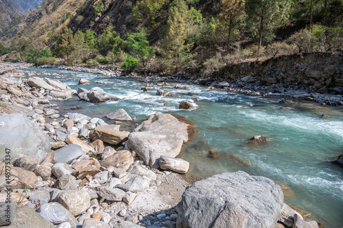 Scenery view of Langtang Khola river a river coming from the south flows down along the Langtang trekking route, Nepal. 