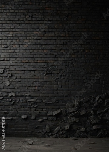 Dark, textured black brick wall; crumbling mortar, shadows, grunge ,  industrial,  wallpaper,  retro