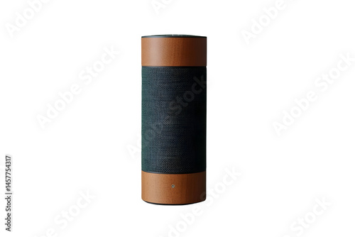 Cylinder-shaped audio device, tan and dark-blue bands