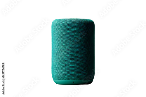 Teal cylinder-shaped speaker against a dark background