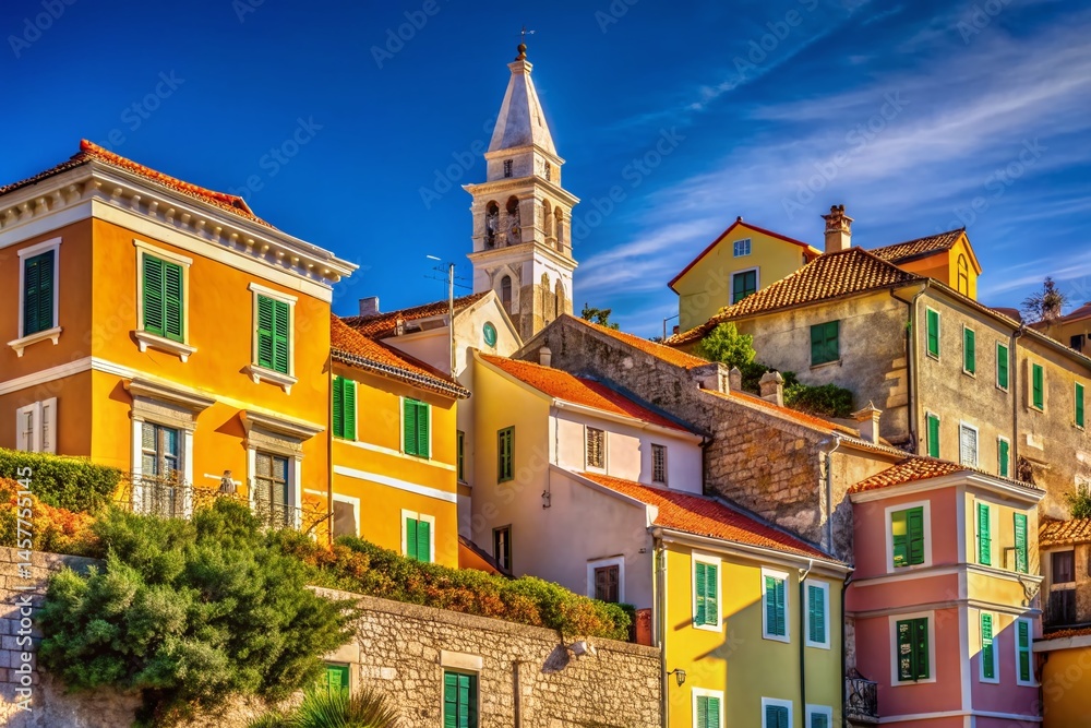 Obraz premium Mali Losinj Old Town Architecture: Upward View of Historic Croatian Building