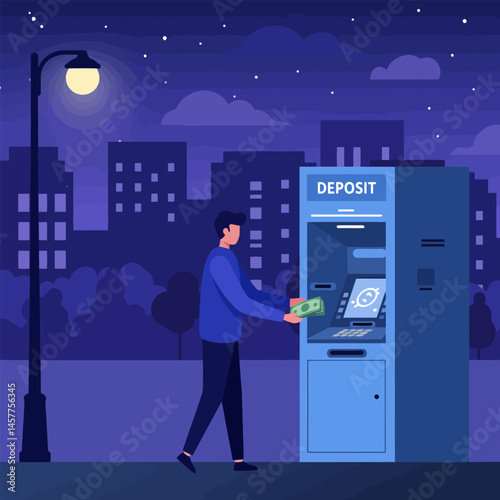 Man Depositing Money at Atm in City at Night Illustration