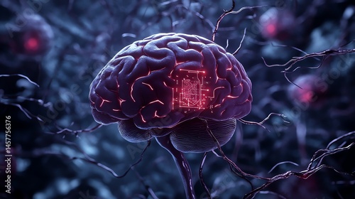 Artificial intelligence chip inside a human brain 3D render technology concept