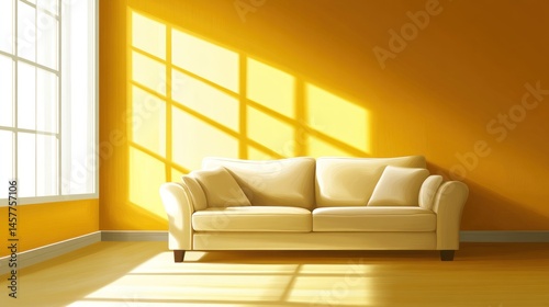 Sunlight streams into a bright yellow room with a light beige sofa.