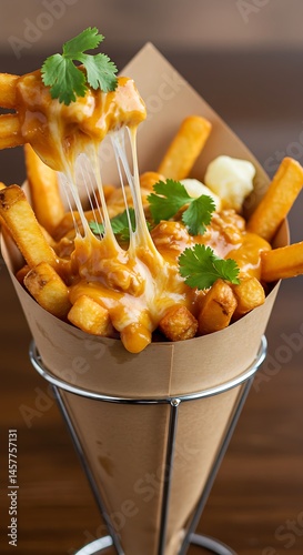 Crispy fries loaded with butter chicken gravy, cheese curds, and cilantro. Melty cheese pulls visible, served in a paper cone
