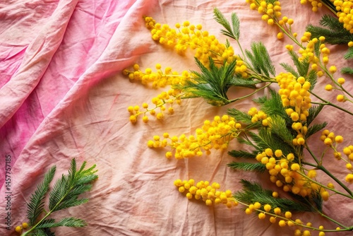 Mimosa Flower Flat Lay: Pink Hues & Soft Textures - Summer Stock Photo