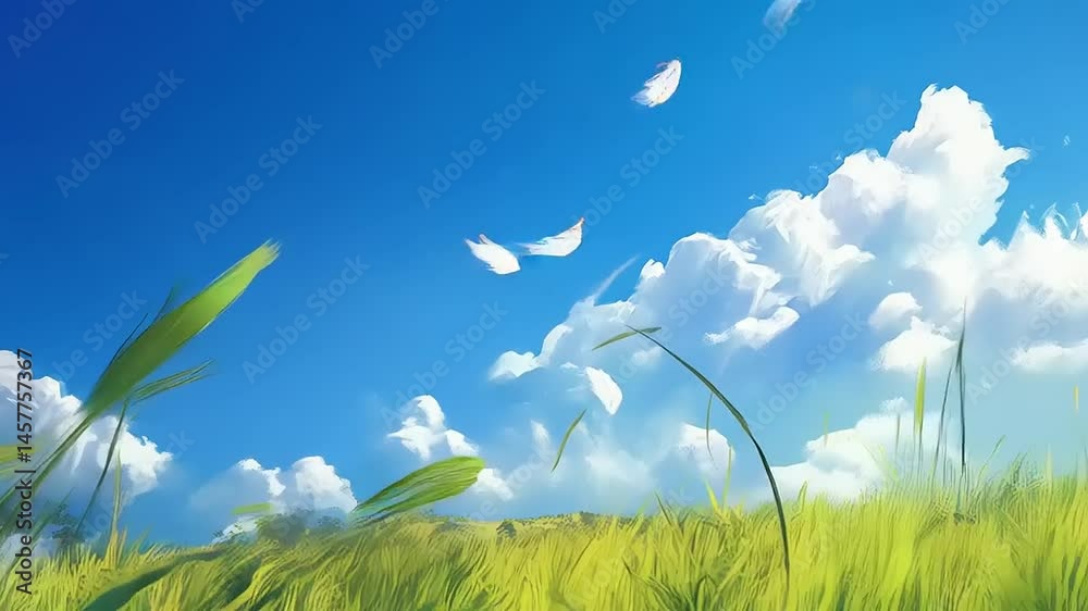 Serene Skyward Animation: Feathery Seeds Floating Above Green Field