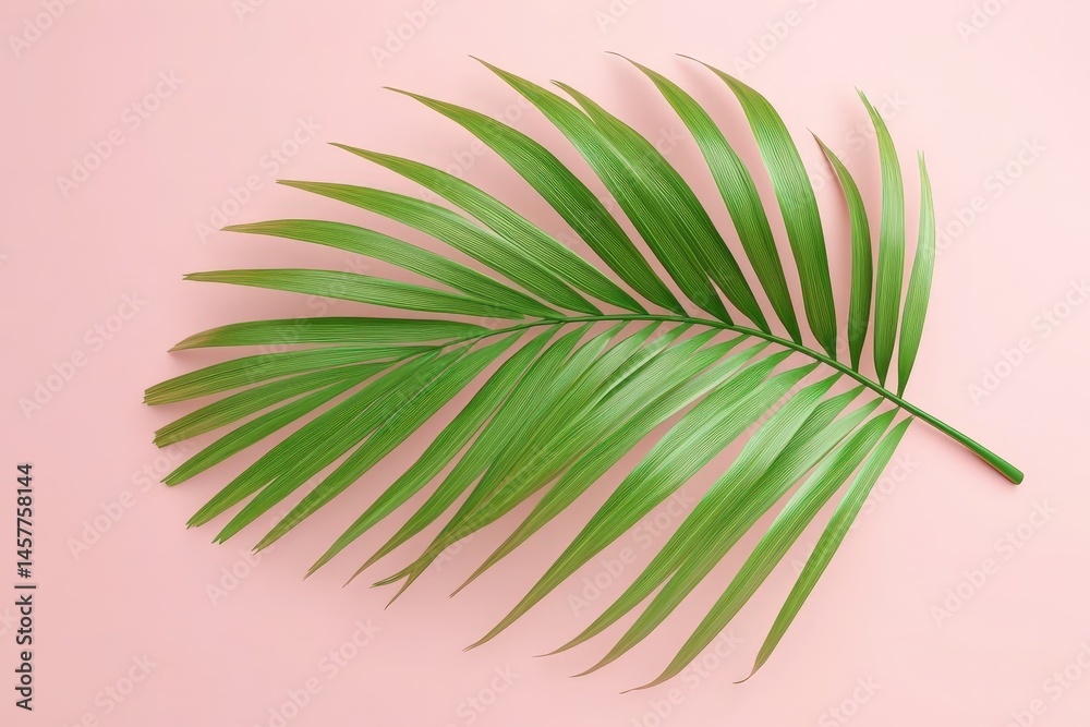 Fototapeta premium Vibrant green palm frond on a delicate pink background.