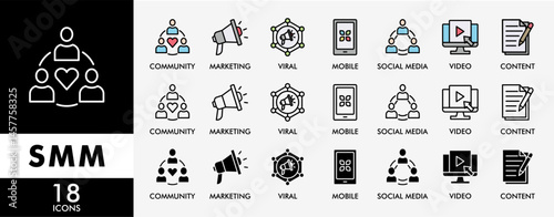 SMM icon set with various styles and colors social media marketing with icon of community, video, viral, social media, content, mobile and marketing
