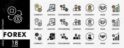 FOREX icon set with various styles and colors  currency, economy, trade, investor, growth, analysis and stockbroker icons perfect symbol background