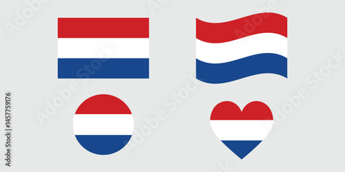 Variations of the Netherland flag design a rectangular flag, a waving flag, and a heart shaped flag.