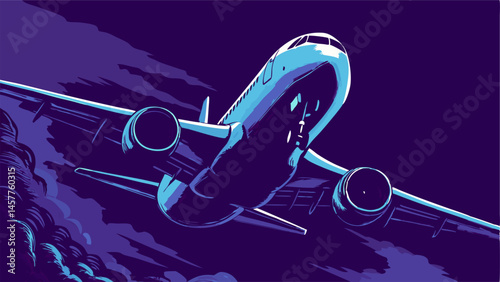 Airplane Taking Off at Night, Low Angle View, Vector Illustration