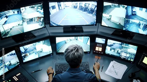 Control room operator monitoring multiple screens displaying surveillance video feeds data management and security system operations
