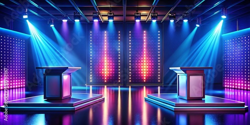 Minimalist Game Show Stage: Flashing Lights & Podiums - Stock Photo