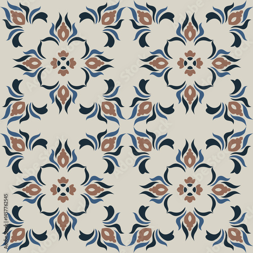 Seamless Tile pattern with blue, brown, and deep blue floral background elements.