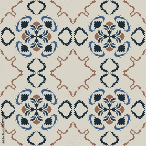 Seamless Tile pattern with blue, brown, and deep blue floral background elements.