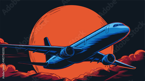 Airplane Taking Off at Night, Red Moon Background, Vector Illustration