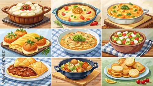 Collection of nine visually appetizing dishes in an illustrated style arrangement