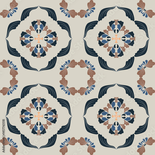 Seamless Tile pattern with blue, brown, and deep blue floral background elements.