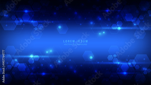 Futuristic blue abstract background with transparent and glowing hexagon shapes, lines overlay, and light particles