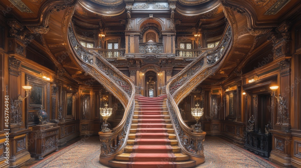 Obraz premium Ornate wooden staircase with red carpet ascends in a luxurious historic interior setting.