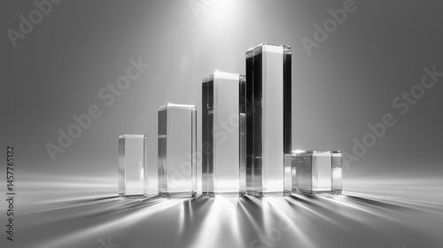 Glass Bar Graph 3D Render Illustrating Growth against Clean Backdrop, Simple and Modern Design