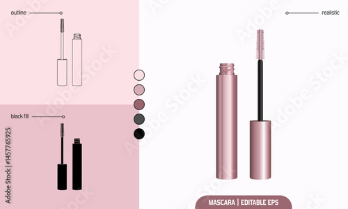 Realistic vector of rose gold mascara tube with wand in open position, displayed in outline, black fill, and detailed style. Ideal for cosmetic design, branding, and beauty mockups.