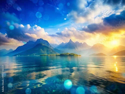Misty Blue Mountain Seascape, Bokeh Effect, Dramatic Sky, Coastal Scene, Ocean View