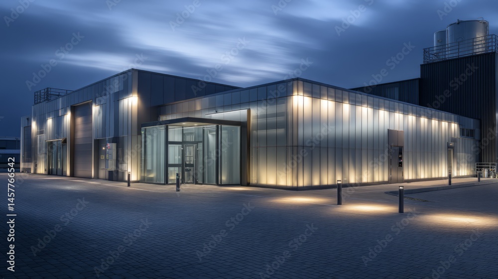 Obraz premium Modern industrial facility with clean lines and soft lighting, showcasing efficiency and contemporary design. 