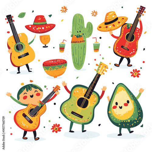 Cinco de Mayo - May 5, federal holiday in Mexico. Fun, cute characters as chilli pepper, avocado, cactus playing guitar, dancing and drinking tequila, vector style simple color