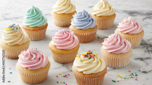 かわいいパステルカラーの美味しそうなカップケーキを並べて斜め上からのアングルで描いたAI生成画像