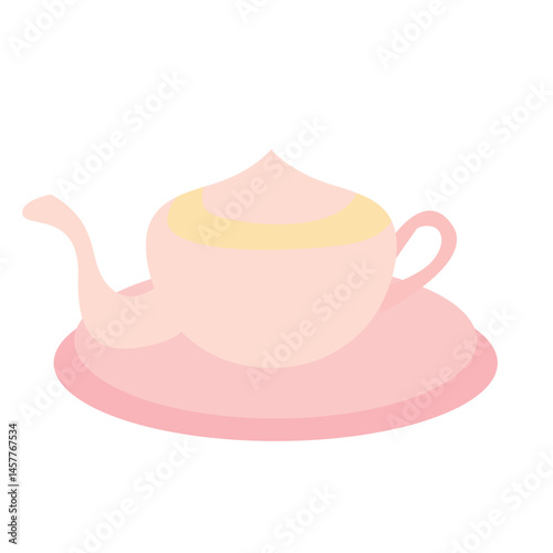 Cute pastel pink teapot illustration on a saucer, perfect for tea time graphics, cozy kitchen themes, or vintage decor designs.