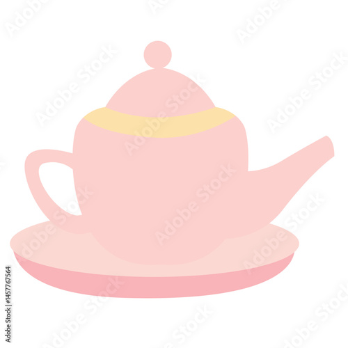 Cute pastel pink teapot illustration on a saucer, perfect for tea time graphics, cozy kitchen themes, or vintage decor designs.