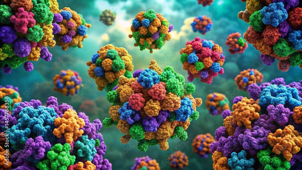 Fototapeta premium A vibrant microscopic view of colorful protein clusters interacting, exhibiting intricate molecular structures and complex three-dimensional formations