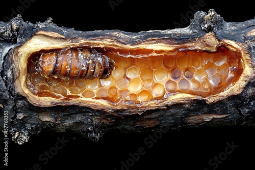 Close-up of a pupa inside a honeycomb nest in a charred tree branch