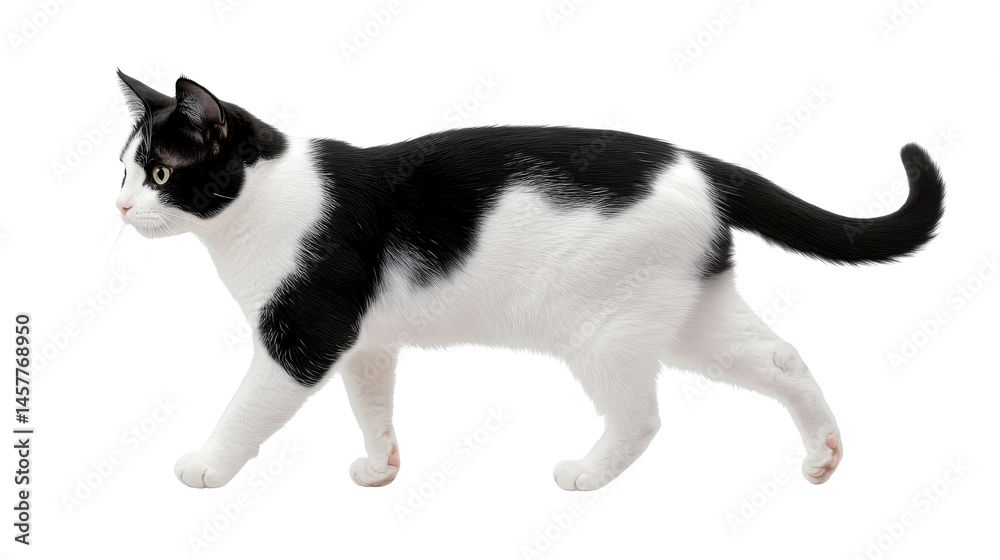 black and white cat walking, isolated on white background black and white cat walking, isolated on white background
