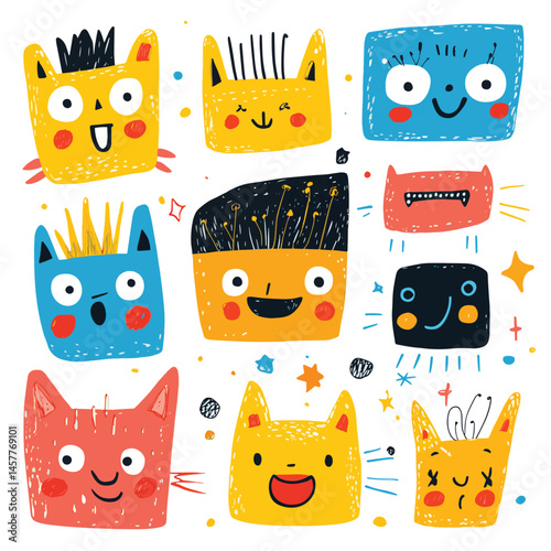 Big Set of Various bright basic Geometric Figures with face emotions