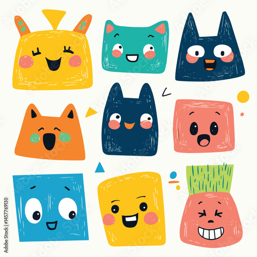 Big Set of Various bright basic Geometric Figures with face emotions