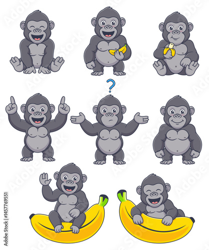 Eight cartoon gorillas happily holding bananas in a jungle setting. Suitable for kids illustrations, foodthemed designs, or wildliferelated projects.