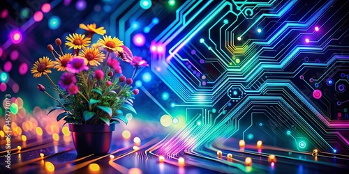 Modern Floral Tech Backdrop: Double Exposure Abstract Design