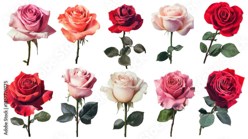 Set of Fresh Roses in Various Colors Isolated on White Background