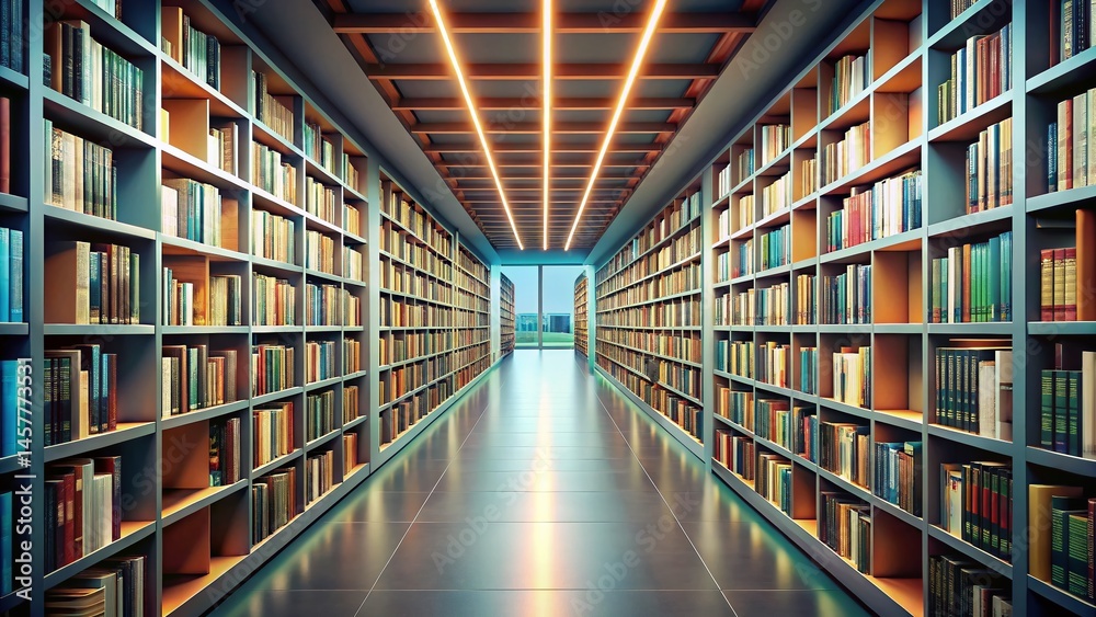 Modern Minimalist Empty Library Aisle - Bookshelves, Reading Room, Interior Design Stock Photo Modern Minimalist Empty Library Aisle - Bookshelves, Reading Room, Interior Design Stock Photo