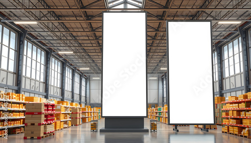 Vertical Billboard Mockup in Warehouse Megastore, Advertising Sign Display, origami. isolated with white highlights