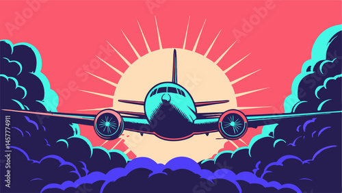 Airplane Taking Off at Sunrise, Retro Style Illustration